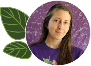 round photo of stephanie and a vector leaf behind it