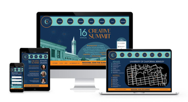a mockup of the creative summit website on a computer, an ipad, and phone