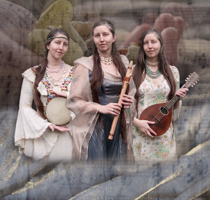 a composite image of mushrooms,fabric, and three women holding instruments