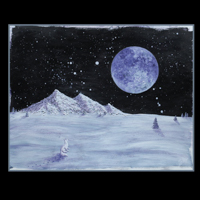 a snowy moon scene with a fox and purple shadows