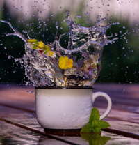 a mug is exploding with floral tea