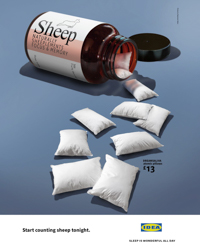 an ad made of composited imagery of pillows and a vitamin bottle