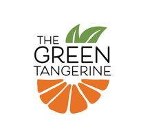 a logo with black text, a leaf, and an orange segment
